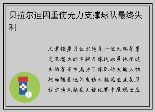 贝拉尔迪因重伤无力支撑球队最终失利