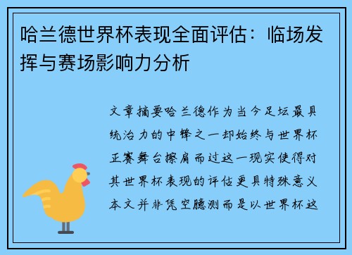 哈兰德世界杯表现全面评估：临场发挥与赛场影响力分析